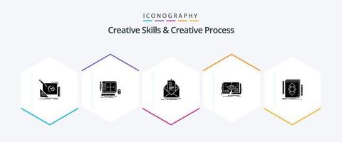 Habilidades creativas y proceso creativo Paquete de iconos de 25 glifos, incluido el ojo. conocimiento. software. instrucciones. carta vector