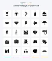 Paquete de iconos de playa creativa de 25 glifos en negro sólido, como el verano. frutas playa. Embarcacion. playa vector