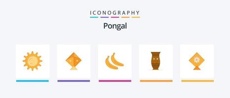 paquete de íconos pongal flat 5 que incluye . cometa. Fruta. cerámica. India. diseño de iconos creativos vector