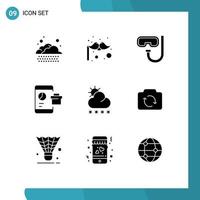 9 User Interface Solid Glyph Pack of modern Signs and Symbols of sun forecast snorkeling smartphone report Editable Vector Design Elements