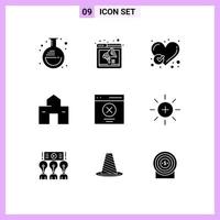 Modern Set of 9 Solid Glyphs and symbols such as hut home webpage building heart Editable Vector Design Elements