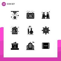 Mobile Interface Solid Glyph Set of 9 Pictograms of flask testing explore symbol female Editable Vector Design Elements