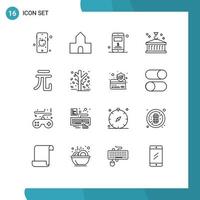 Modern Set of 16 Outlines Pictograph of yuan currency server transportation container Editable Vector Design Elements