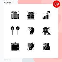 paquete de 9 signos y símbolos de glifos sólidos modernos para medios de impresión web como la caja de la naturaleza mental deja elementos de diseño de vectores editables de objetivo de éxito