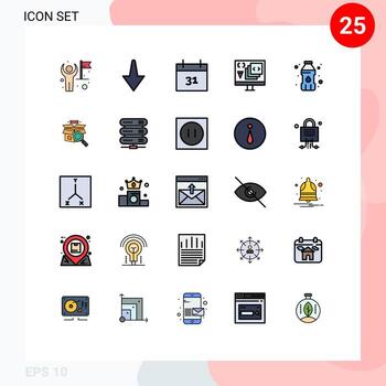 conjunto de color plano de línea llena de interfaz móvil de 25 pictogramas de programación de fecha de botella de contenedor de plástico desarrollar elementos de diseño de vector editables