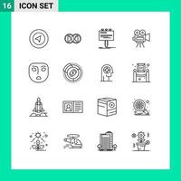 Mobile Interface Outline Set of 16 Pictograms of angry filam ad movi promo Editable Vector Design Elements