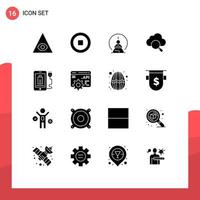 Mobile Interface Solid Glyph Set of 16 Pictograms of plug charg meditation mobile search Editable Vector Design Elements