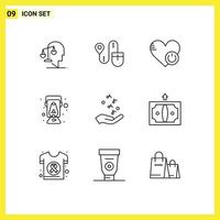 Group of 9 Modern Outlines Set for oil lamp lantern computer lamp heart Editable Vector Design Elements