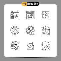 Mobile Interface Outline Set of 9 Pictograms of design time alert cinema sport Editable Vector Design Elements