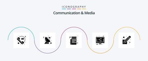 Communication And Media Glyph 5 Icon Pack Including screenplay. share. technology. screen. script vector