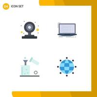 Pack of 4 Modern Flat Icons Signs and Symbols for Web Print Media such as camera chemical video camera coding chemistry Editable Vector Design Elements