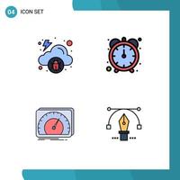 4 Universal Filledline Flat Color Signs Symbols of cloud speed malware stopwatch internet Editable Vector Design Elements