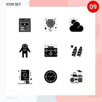 Modern Set of 9 Solid Glyphs and symbols such as care first weather case space traveler Editable Vector Design Elements