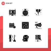 Group of 9 Solid Glyphs Signs and Symbols for photo education medical date calendar Editable Vector Design Elements