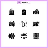 Universal Icon Symbols Group of 9 Modern Solid Glyphs of drain camping holiday image device Editable Vector Design Elements