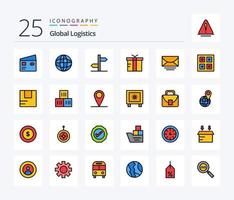 paquete de iconos rellenos de 25 líneas de logística global que incluye correo. regalo. mundo. logístico. signo vector