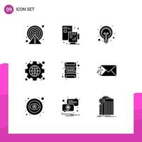 Pictogram Set of 9 Simple Solid Glyphs of memory card globe bulb web gear Editable Vector Design Elements