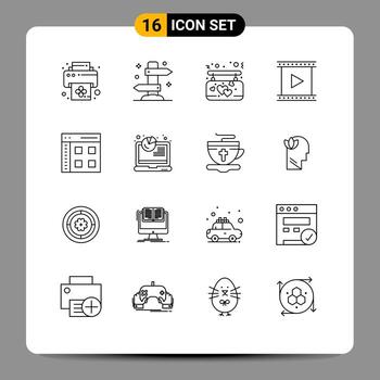Set of 16 Modern UI Icons Symbols Signs for app movie affection film camera Editable Vector Design Elements