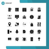 Modern Set of 25 Solid Glyphs Pictograph of box web calendar planet internet Editable Vector Design Elements