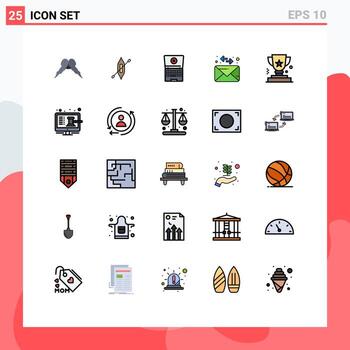 conjunto moderno de 25 colores planos y símbolos de líneas rellenas, como elementos de diseño de vectores editables de sobres de mensajes de naves de logros empresariales