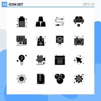 Modern Set of 16 Solid Glyphs Pictograph of monitor vehicles electronic minus delete Editable Vector Design Elements