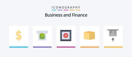 Paquete de 5 íconos planos de finanzas que incluye. producto. dinero. Cajero automático. diseño de iconos creativos vector