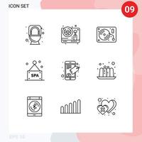 paquete de 9 signos y símbolos de contornos modernos para medios de impresión web, como la etiqueta seo, conectar música, signo de spa, elementos de diseño de vectores editables