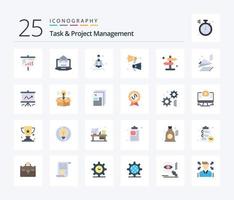 Task And Project Management 25 Flat Color icon pack including airplane. navigation. rocket. direction. speaker vector