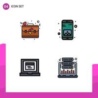 Mobile Interface Filledline Flat Color Set of 4 Pictograms of bag laptop love gallery analysis Editable Vector Design Elements