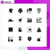 Group of 16 Modern Solid Glyphs Set for landscape power presentation electric tower progress Editable Vector Design Elements