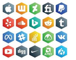 Paquete de 20 íconos de redes sociales que incluye pregunta chat música slack meta vector