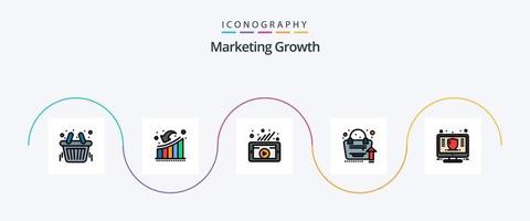 la línea de crecimiento de marketing llenó el paquete de iconos planos 5 que incluye finanzas. bolso. pérdida. analítica. red social vector