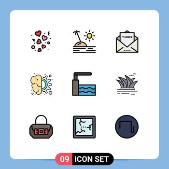 conjunto de colores planos de línea de relleno de interfaz móvil de 9 pictogramas de cerebro de vacaciones de diseño de proceso gracias elementos de diseño vectorial editables vector