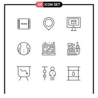 Modern Set of 9 Outlines Pictograph of laptop game computer sport ball Editable Vector Design Elements