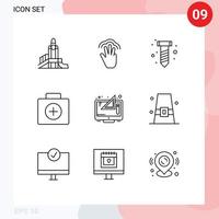 Group of 9 Outlines Signs and Symbols for creative medical interface first aid screw Editable Vector Design Elements