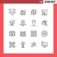 16 User Interface Outline Pack of modern Signs and Symbols of light bulb service sports helmet Editable Vector Design Elements