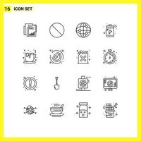 Set of 16 Vector Outlines on Grid for coffee charge forbidden battery globe Editable Vector Design Elements