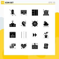 Modern Set of 16 Solid Glyphs Pictograph of brain remote control grid rc building Editable Vector Design Elements