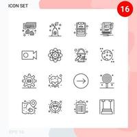 Set of 16 Modern UI Icons Symbols Signs for atom record cube cam notice Editable Vector Design Elements