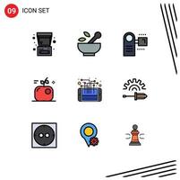 Editable Vector Line Pack of 9 Simple Filledline Flat Colors of circuit food camcorder education equipment Editable Vector Design Elements