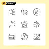 Pictogram Set of 9 Simple Outlines of perfume fruit power apple media player Editable Vector Design Elements