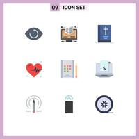 Universal Icon Symbols Group of 9 Modern Flat Colors of notes book bible heartbeat medical Editable Vector Design Elements