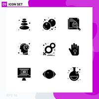 Solid Glyph Pack of 9 Universal Symbols of day mind search human fast Editable Vector Design Elements