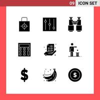 Pack of 9 creative Solid Glyphs of hand binary search code calculator Editable Vector Design Elements