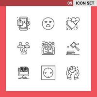 Mobile Interface Outline Set of 9 Pictograms of analytics office affection meeting love hearts Editable Vector Design Elements