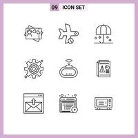 Group of 9 Outlines Signs and Symbols for security settings insurance gear sunshade Editable Vector Design Elements