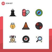 Mobile Interface Filledline Flat Color Set of 9 Pictograms of cg tools mind signaling cone Editable Vector Design Elements