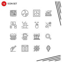 Pack of 16 Modern Outlines Signs and Symbols for Web Print Media such as computer quality geography dvd gallery Editable Vector Design Elements