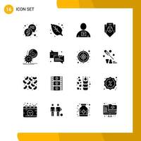 Group of 16 Solid Glyphs Signs and Symbols for disc web security body shield internet Editable Vector Design Elements