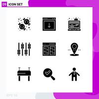 Group of 9 Modern Solid Glyphs Set for columns audio south sound laptop Editable Vector Design Elements